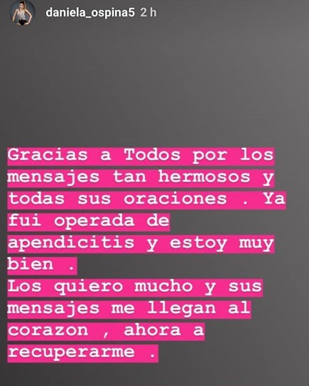 Mensaje de Daniela Ospina contando que fue operada de apendicitis