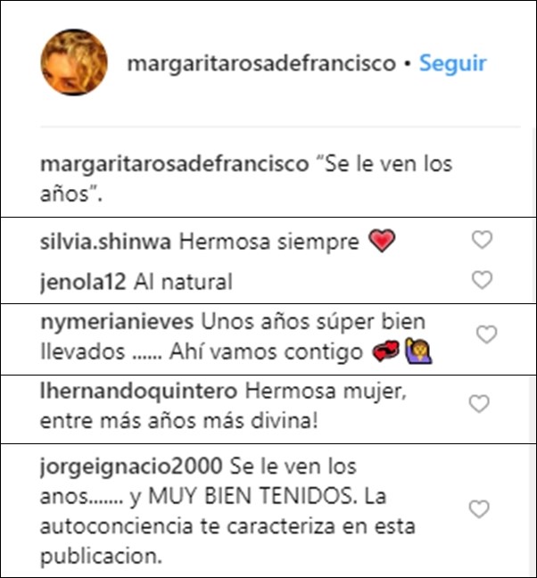 Print de comentarios con halagos a las arrugas de Margarita Rosa de Francisco