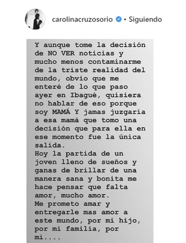 Mensaje de Carolina Cruz en Instagram