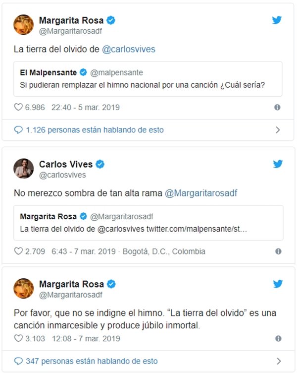 Intercambio de trinos entre Margarita Rosa de Francisco y Carlos Vives 
