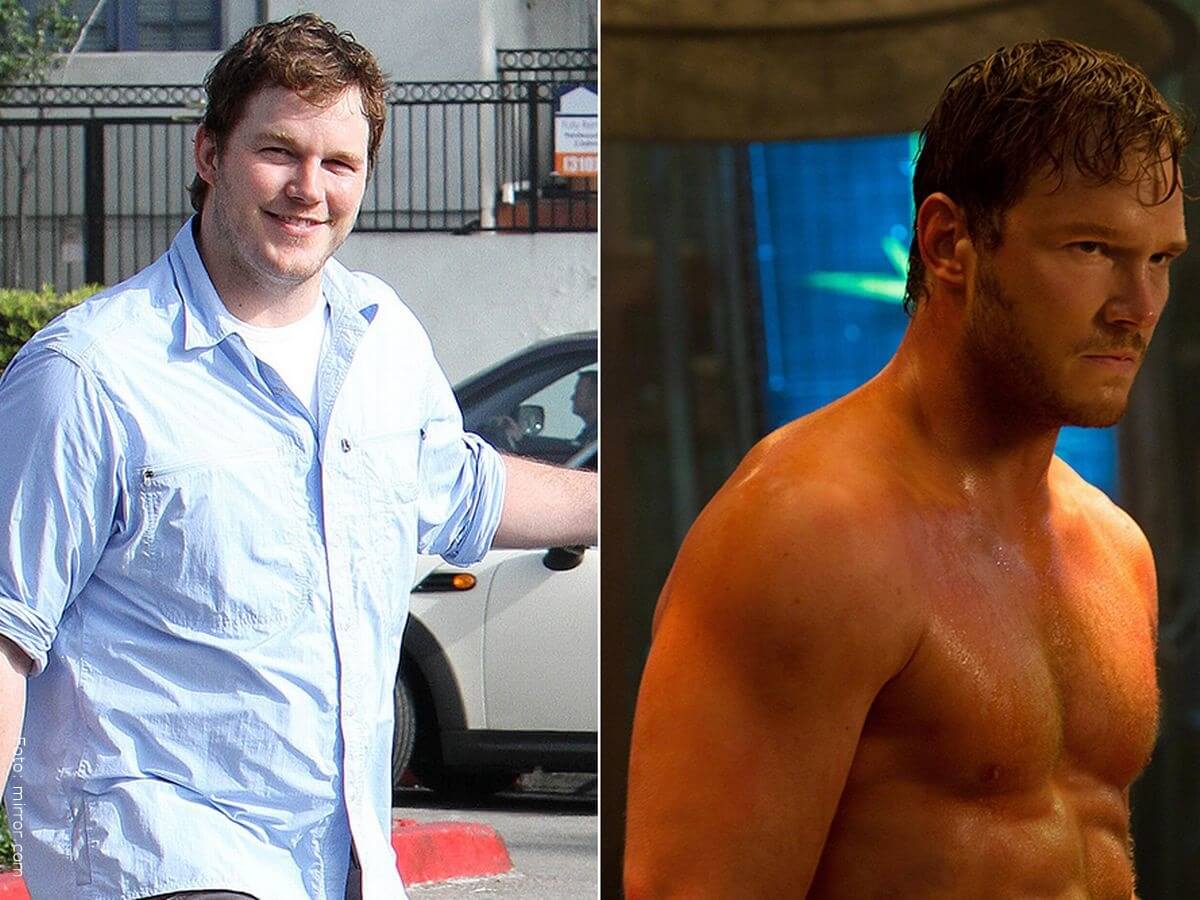 Chris Pratt antes con sobre peso vs. ahora después de ejercitarse.