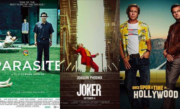 Foto del poster de tres películas: Parásito, Joker y Érase una vez en Hollywood